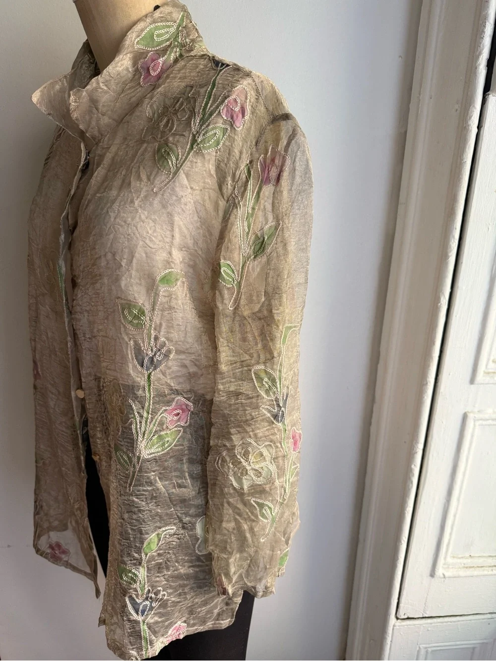 Vintage Burnout Silk Floral Blouse Sheer Embroidered Boho Romantic Top